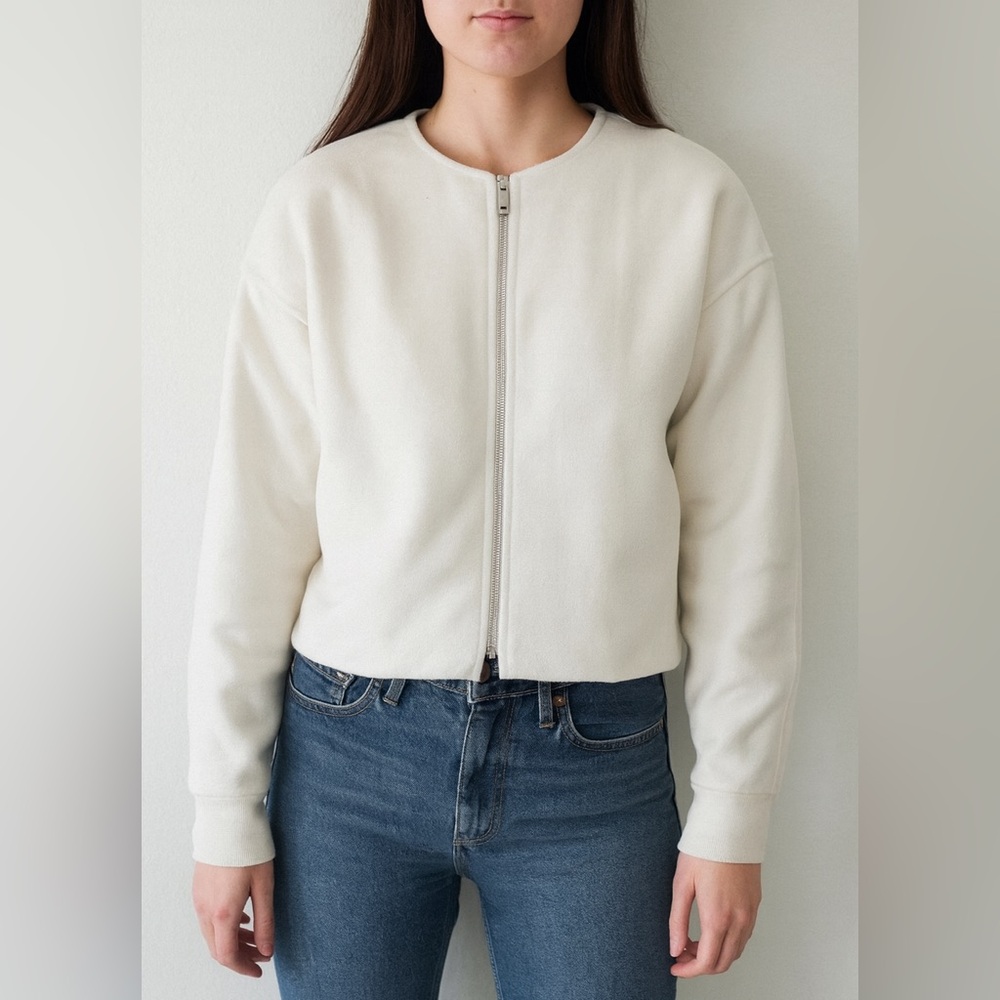 Abercrombie & Fitch Cream Zip-Up Bomber Jacket Minimalist Neutral Style Medium
